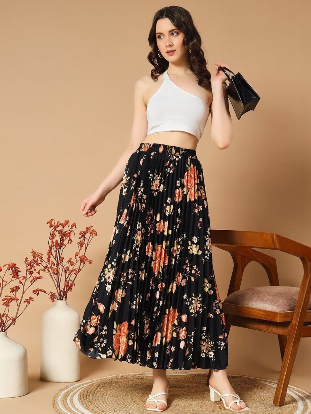 

Raiyani Enterprise Women Floral Printed Accordion Pleated A-Line Maxi Skirt, Black