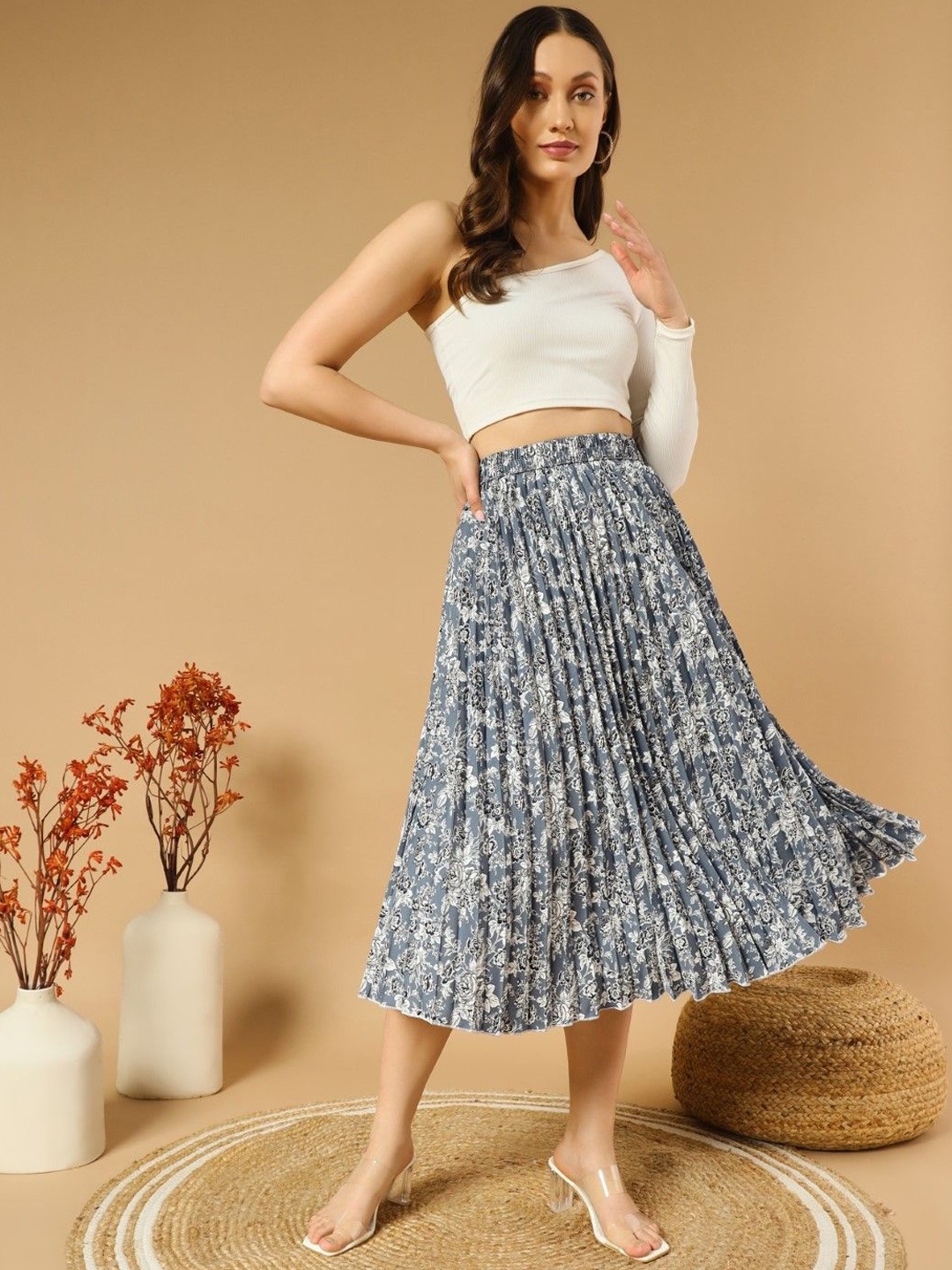 

Raiyani Enterprise Women Floral Printed Midi A-Line Skirt, Blue
