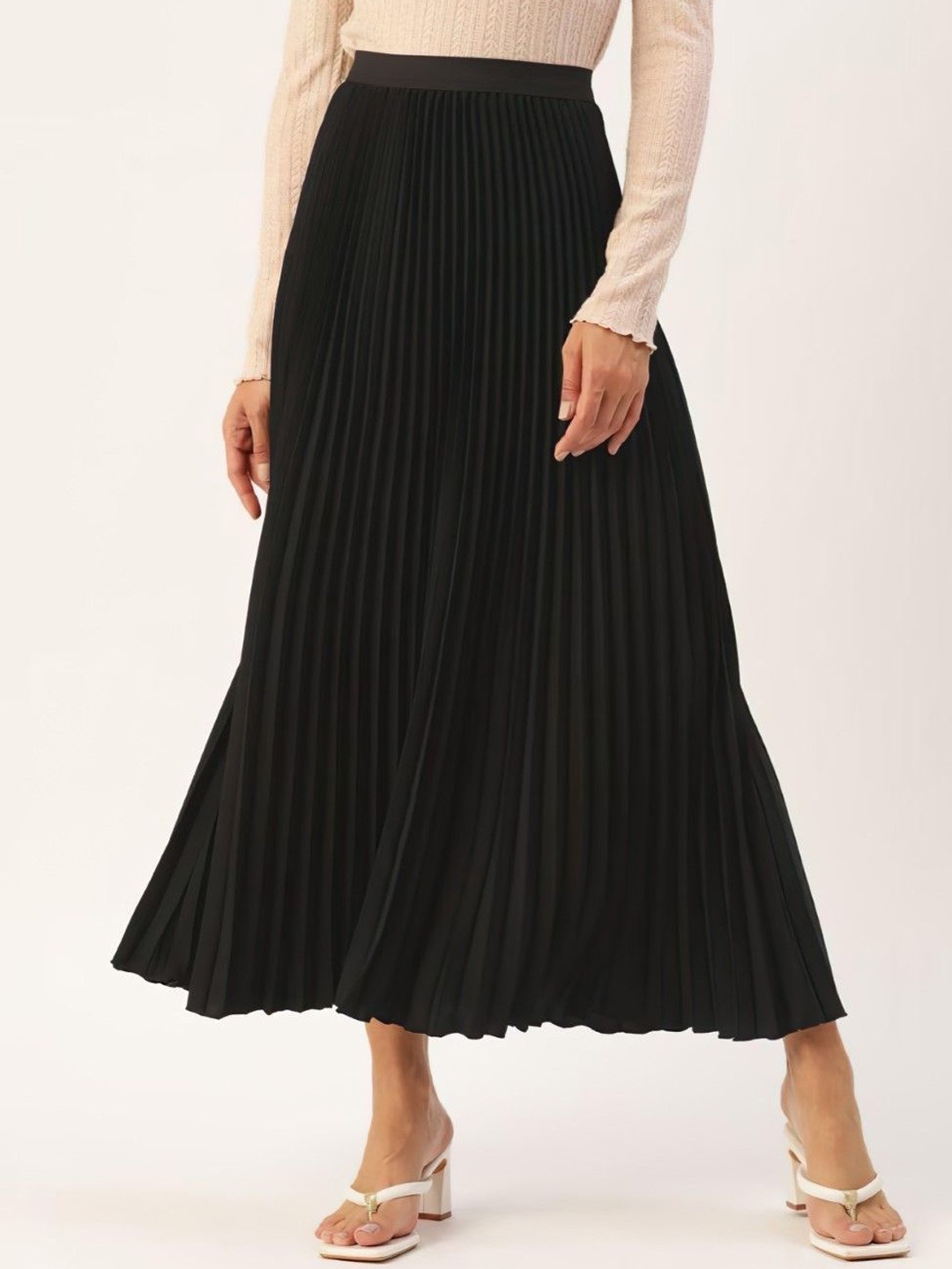 

Raiyani Enterprise Women Pleated Flared Midi Skirt, Black