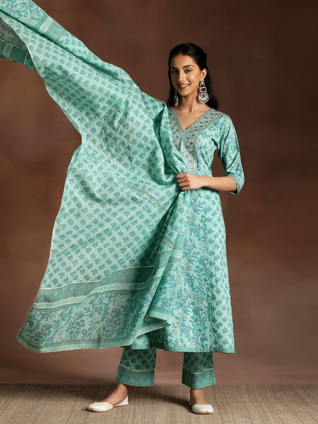 

Libas Women Floral Printed Panelled Sequinned Pure Cotton Kurta with Palazzos & With Dupatta, Turquoise blue
