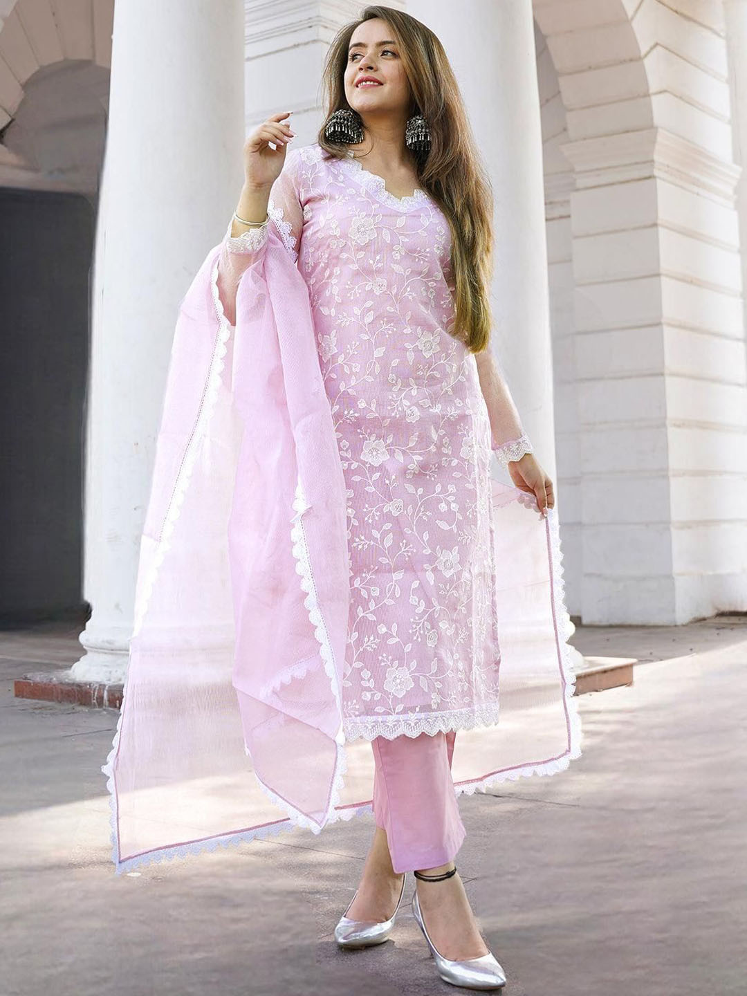 

Libas Women Floral Embroidered Regular Thread Work Kurta with Trousers & With Dupatta, Lavender