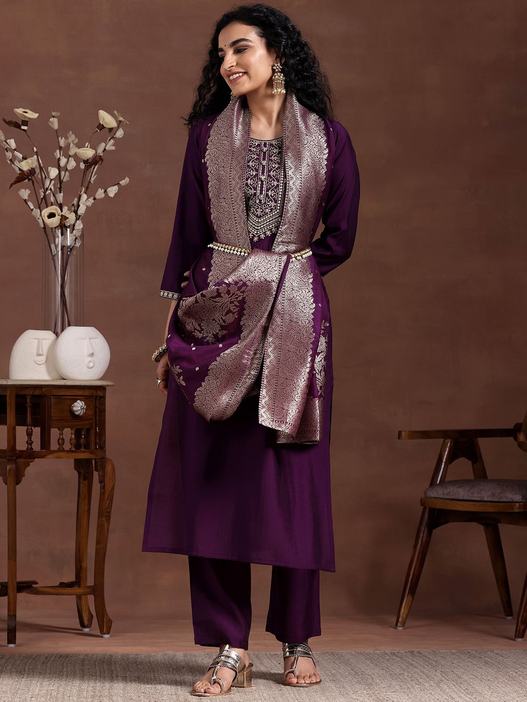 Libas Women Floral Yoke Design Regular Thread Work Kurta with Trousers & With Dupatta, Burgundy