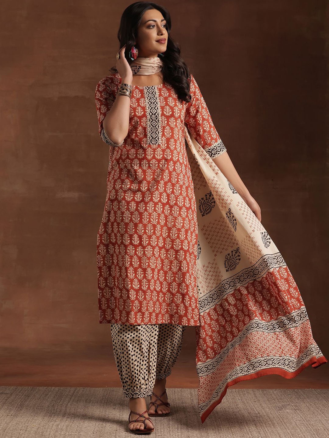 

Libas Women Ethnic Motifs Printed Pure Cotton Kurta with Salwar & Dupatta, Rust