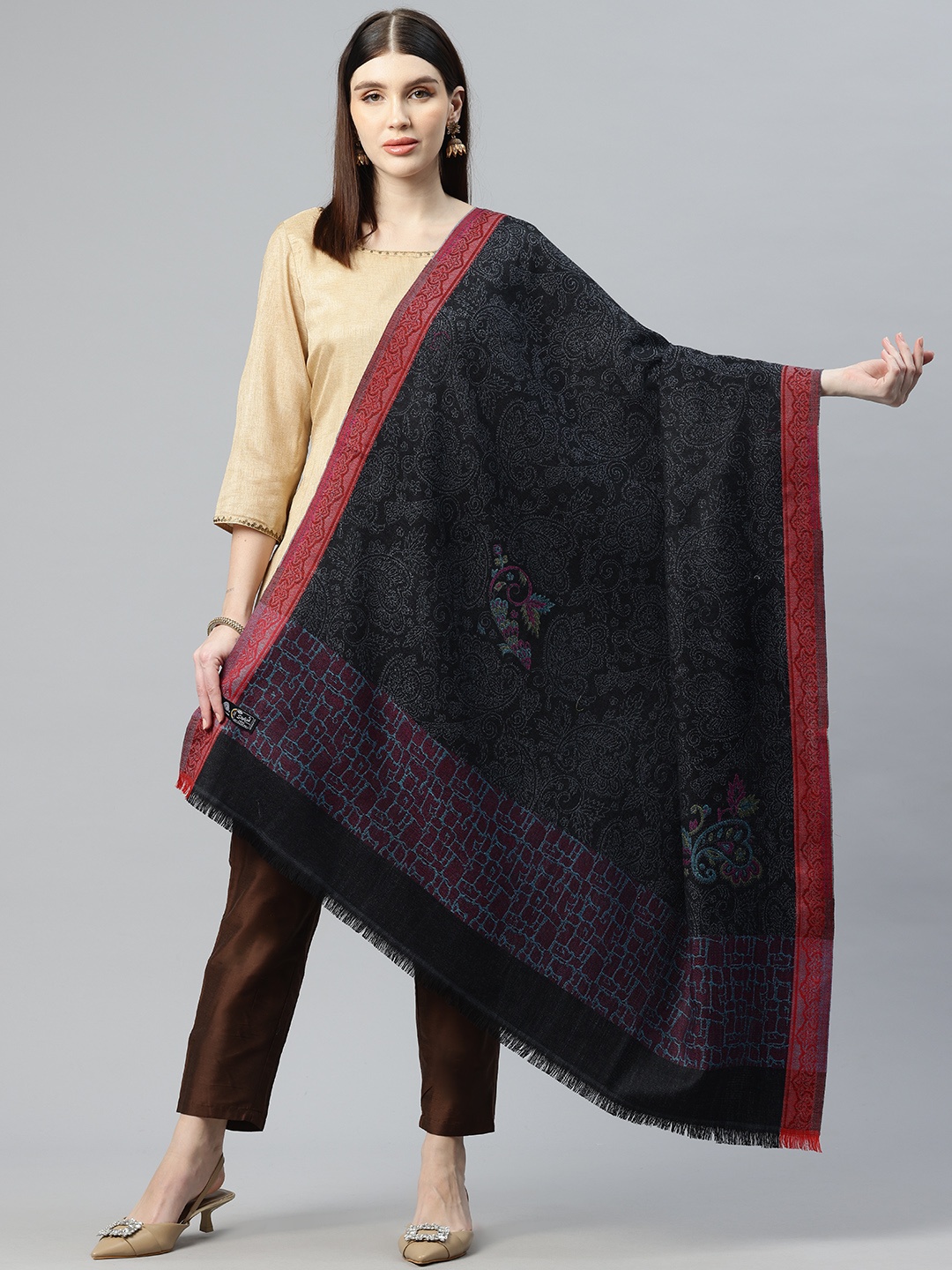 

SWI Stylish Floral Woven Pure Wool Design Shawl, Black