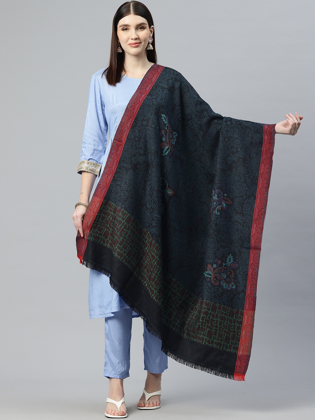 

SWI Stylish Kani Paisley Woven Design Pure Wool Shawl, Black