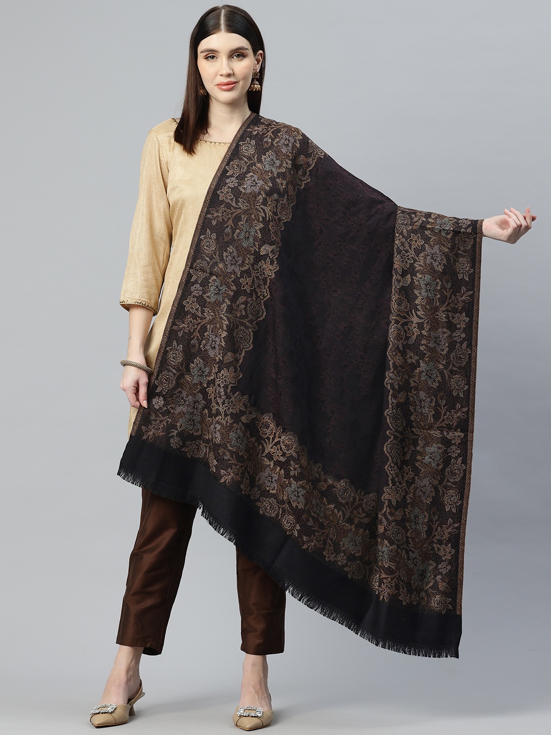 

SWI Stylish Kani Floral Woven Design Pure Wool Shawl, Black