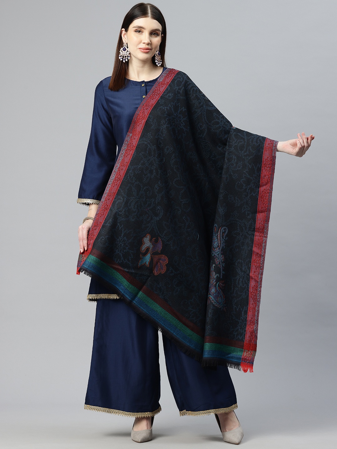 

SWI Stylish Kani Paisley Woven Design Pure Wool Shawl, Black