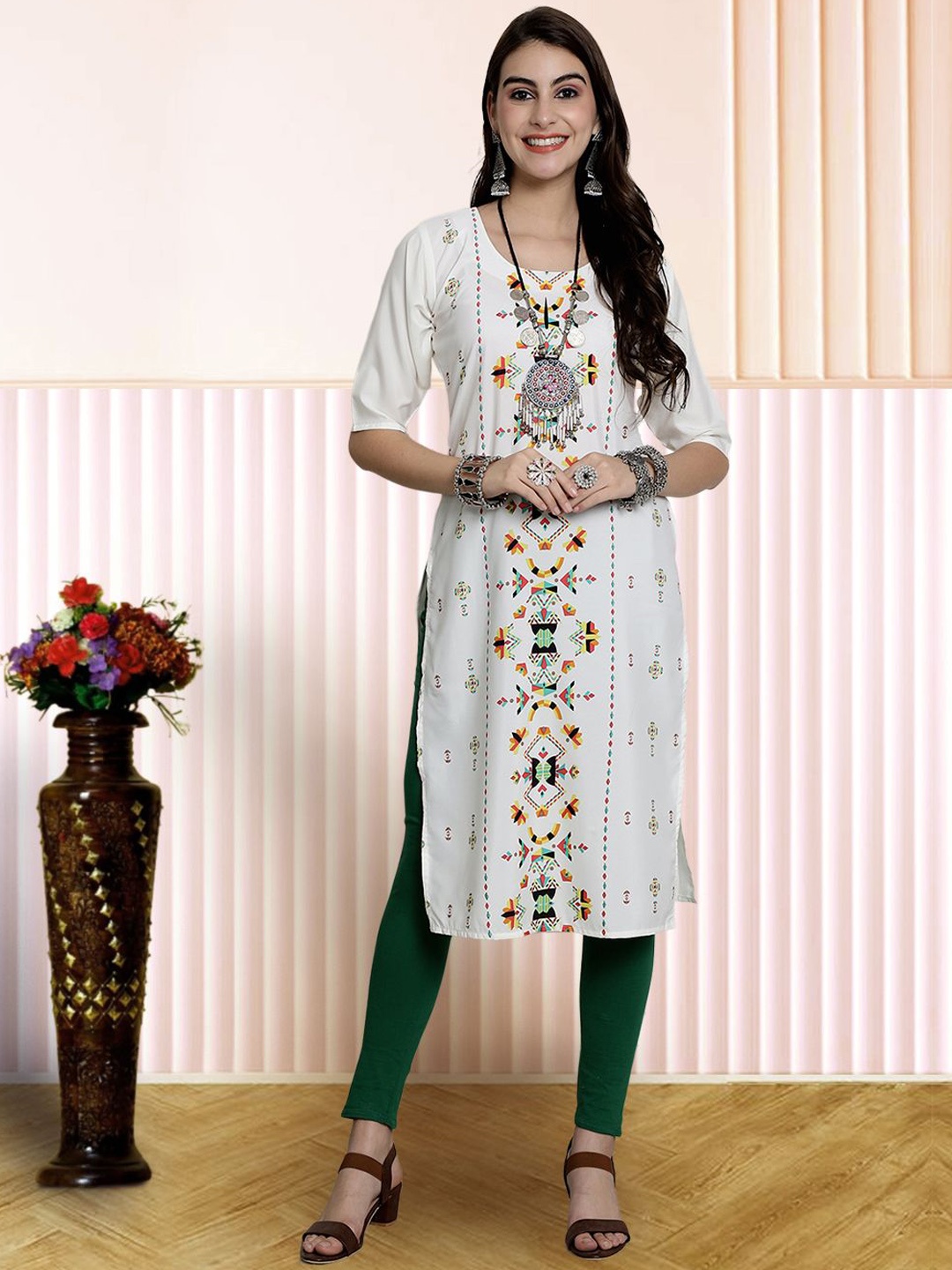 

7Threads Women Ethnic Motifs Printed Floral Crepe Kurta, White