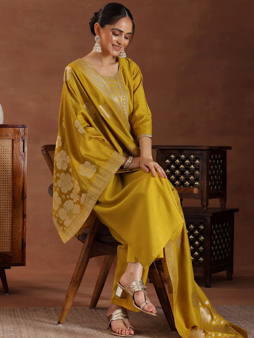 

Libas Women Ethnic Motifs Embroidered Regular Sequinned Kurta with Trousers & With Dupatta, Mustard