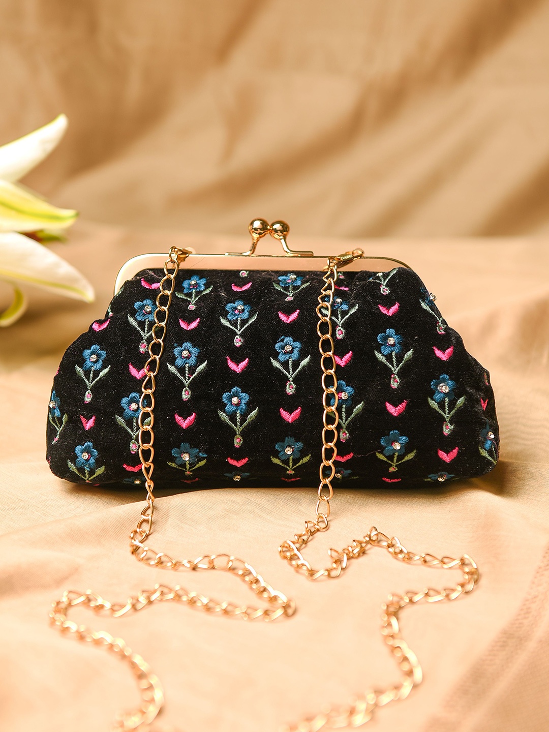 

JAYPORE Embroidered Box Clutch, Black