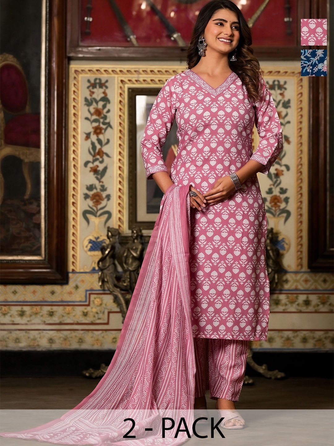 

KALINI Women Ethnic Motifs Printed Regular Kurta with Trousers & With Dupatta, Pink