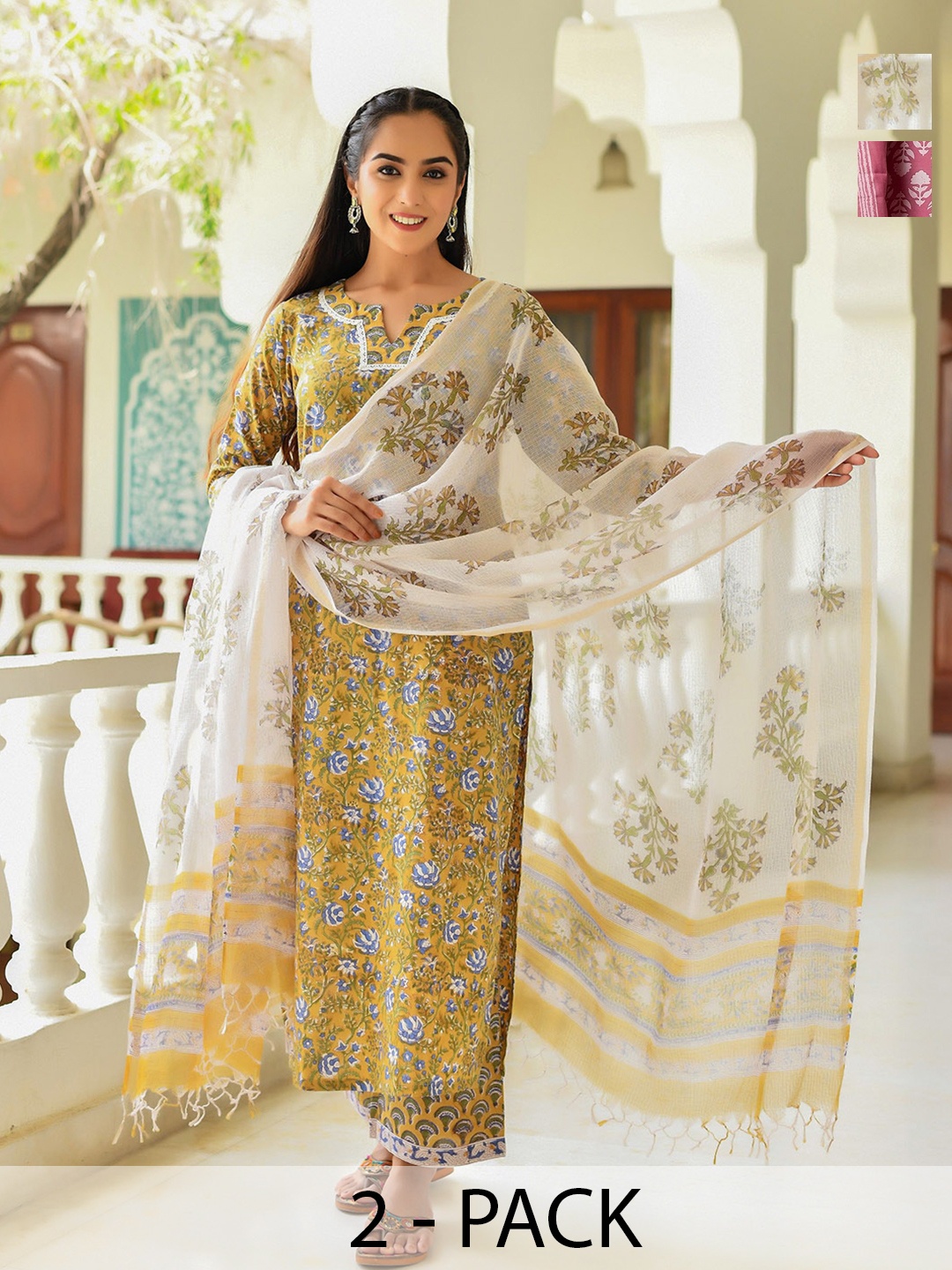 

KALINI Women Ethnic Motifs Printed Regular Kurta with Trousers & With Dupatta, Yellow