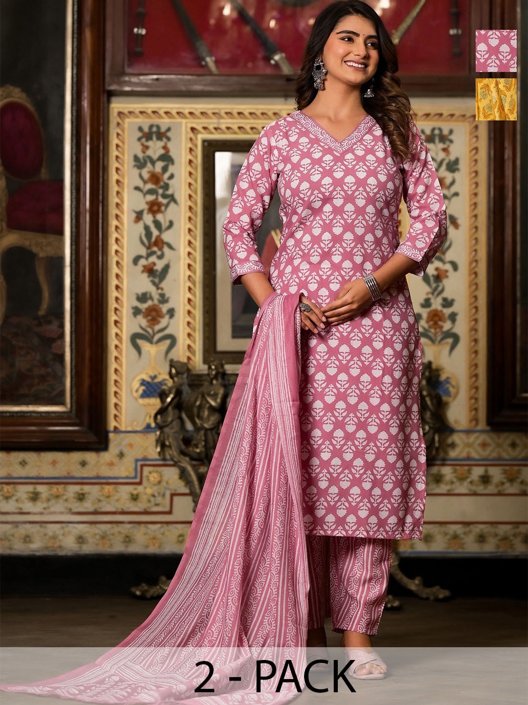 

KALINI Women Ethnic Motifs Printed Regular Kurta with Trousers & With Dupatta, Yellow
