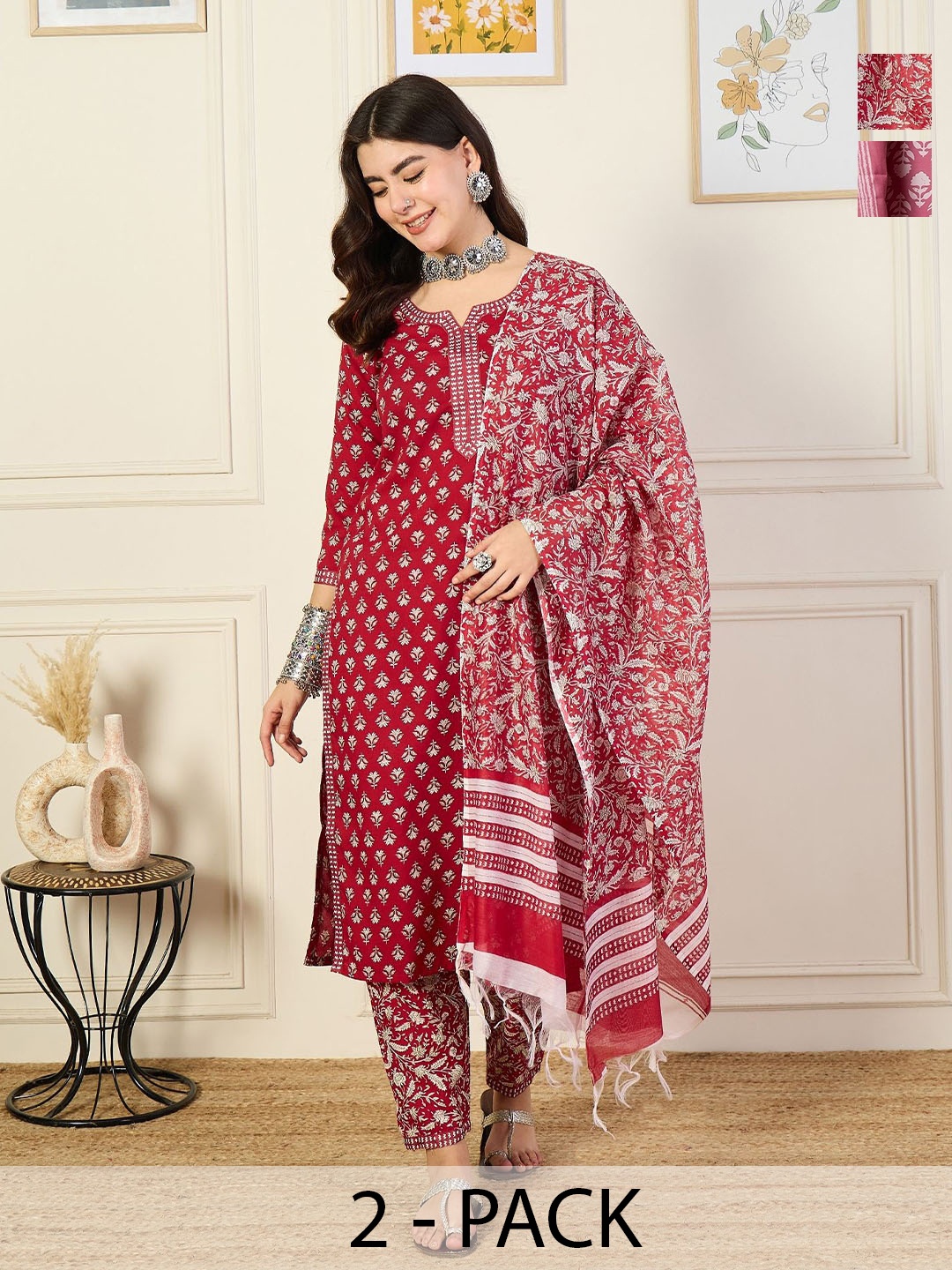 

KALINI Women Ethnic Motifs Printed Regular Kurta with Trousers & With Dupatta, Pink