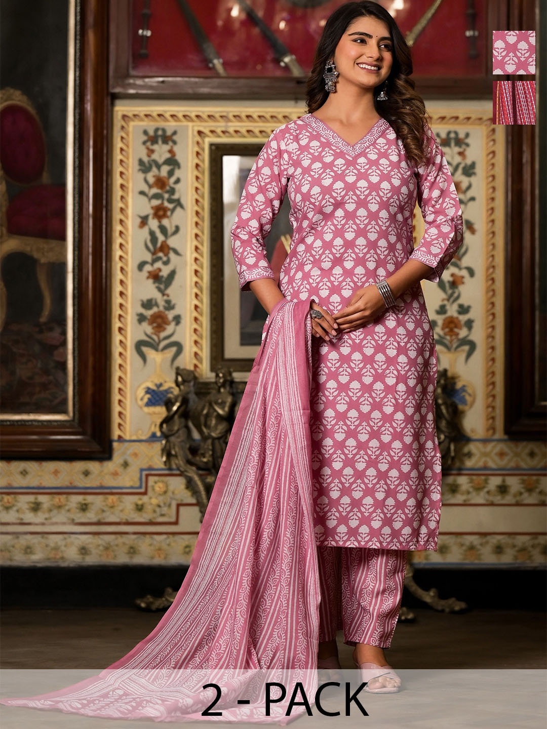 

KALINI Women Ethnic Motifs Printed Regular Kurta with Trousers & With Dupatta, Pink
