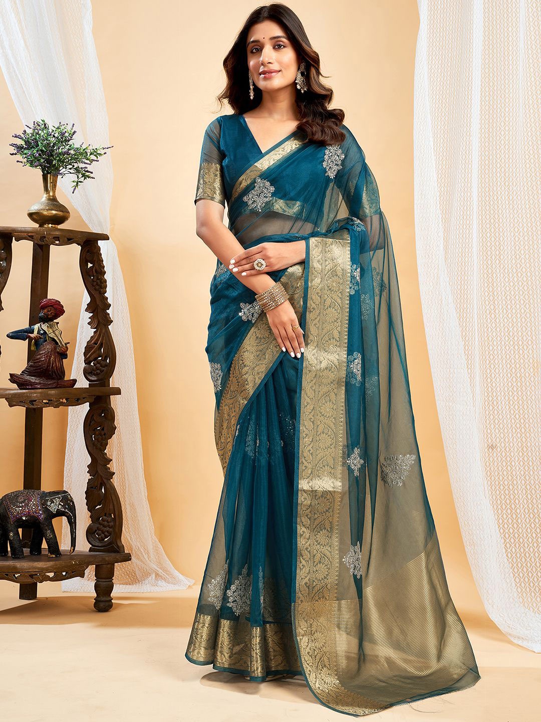 

Mitera Ethnic Motif Woven Design Organza Saree, Blue