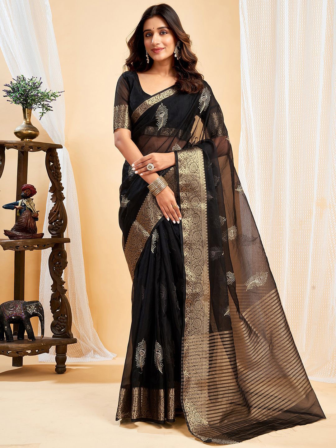 

Mitera Ethnic Motifs Printed Zari Organza Saree, Black