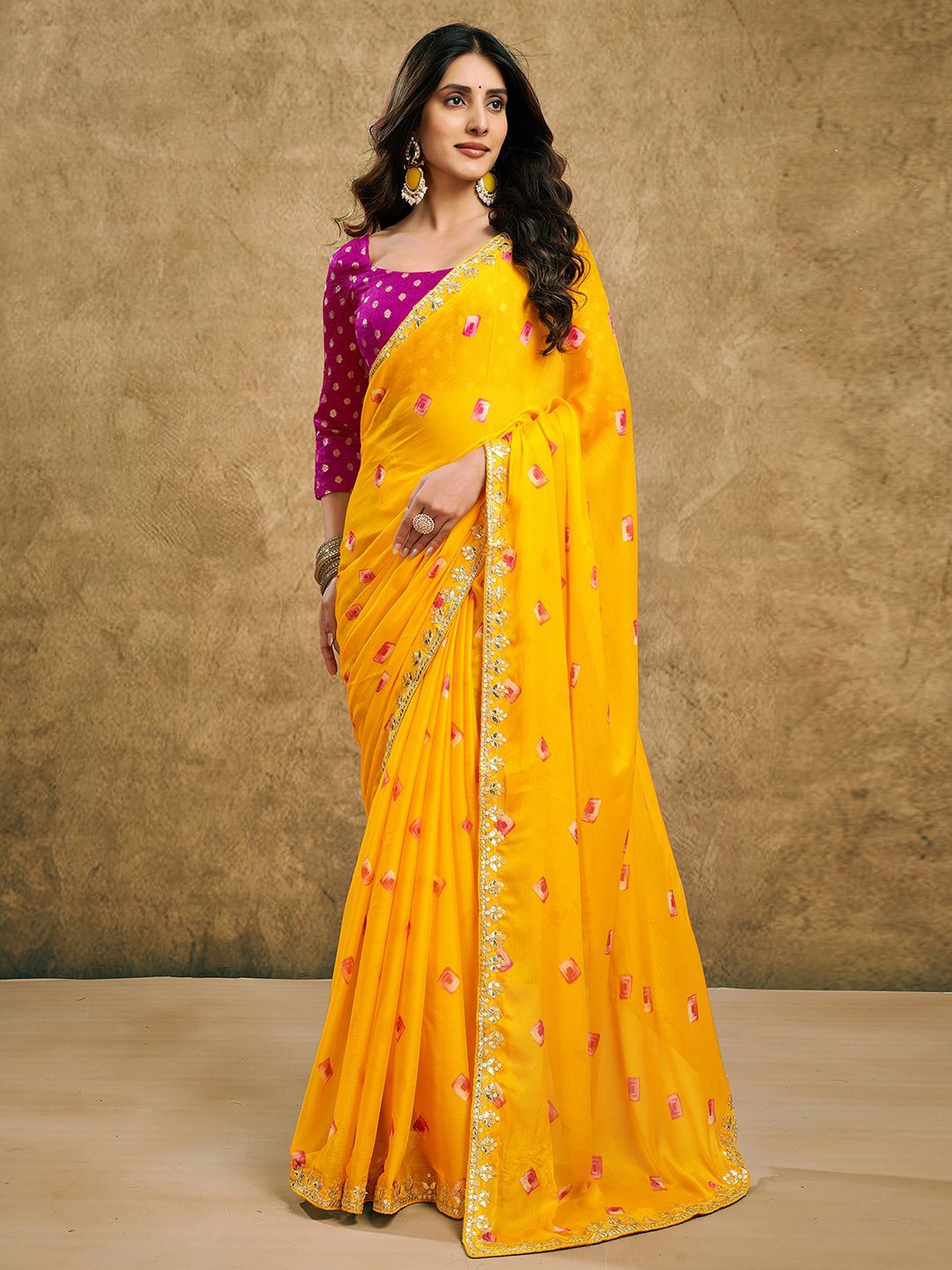 

Mitera Geometric Printed Sequinned Pure Chiffon Saree, Yellow