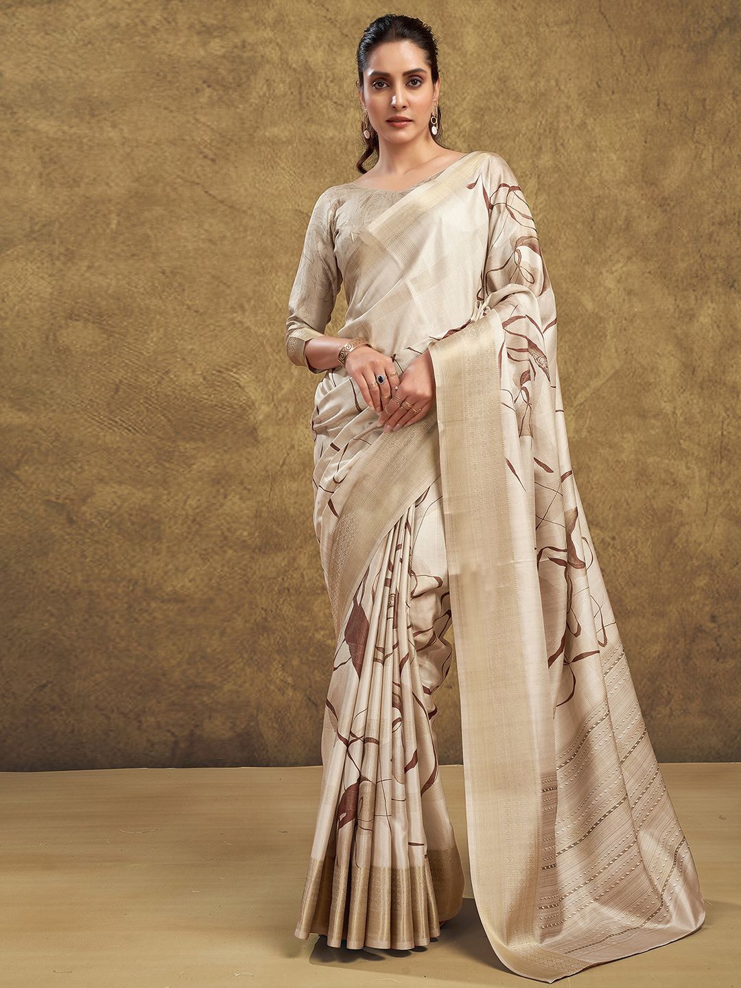 

Mitera Printed Zari Saree, Cream