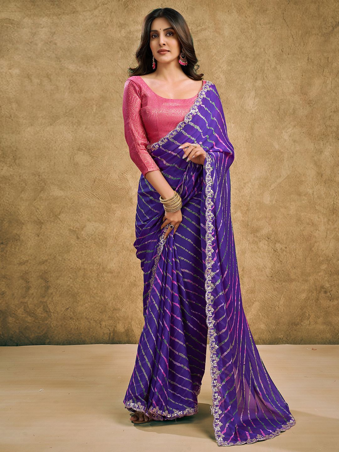 

Mitera Leheriya Printed Embroidered Saree, Violet