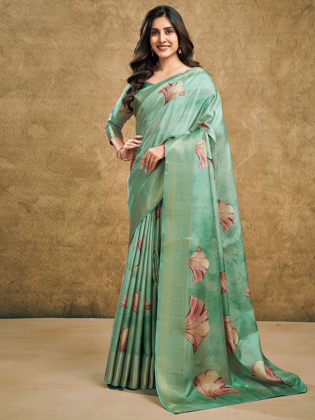 

Mitera Floral Printed Zari Saree, Green