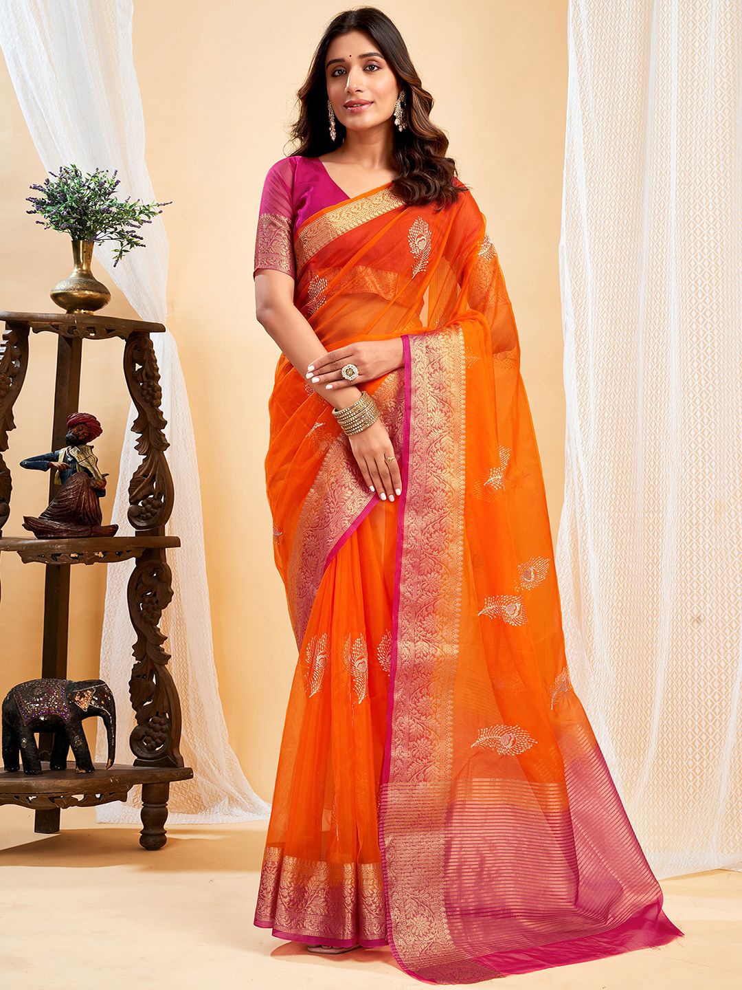 

Mitera Woven Design Organza Chanderi Saree, Orange