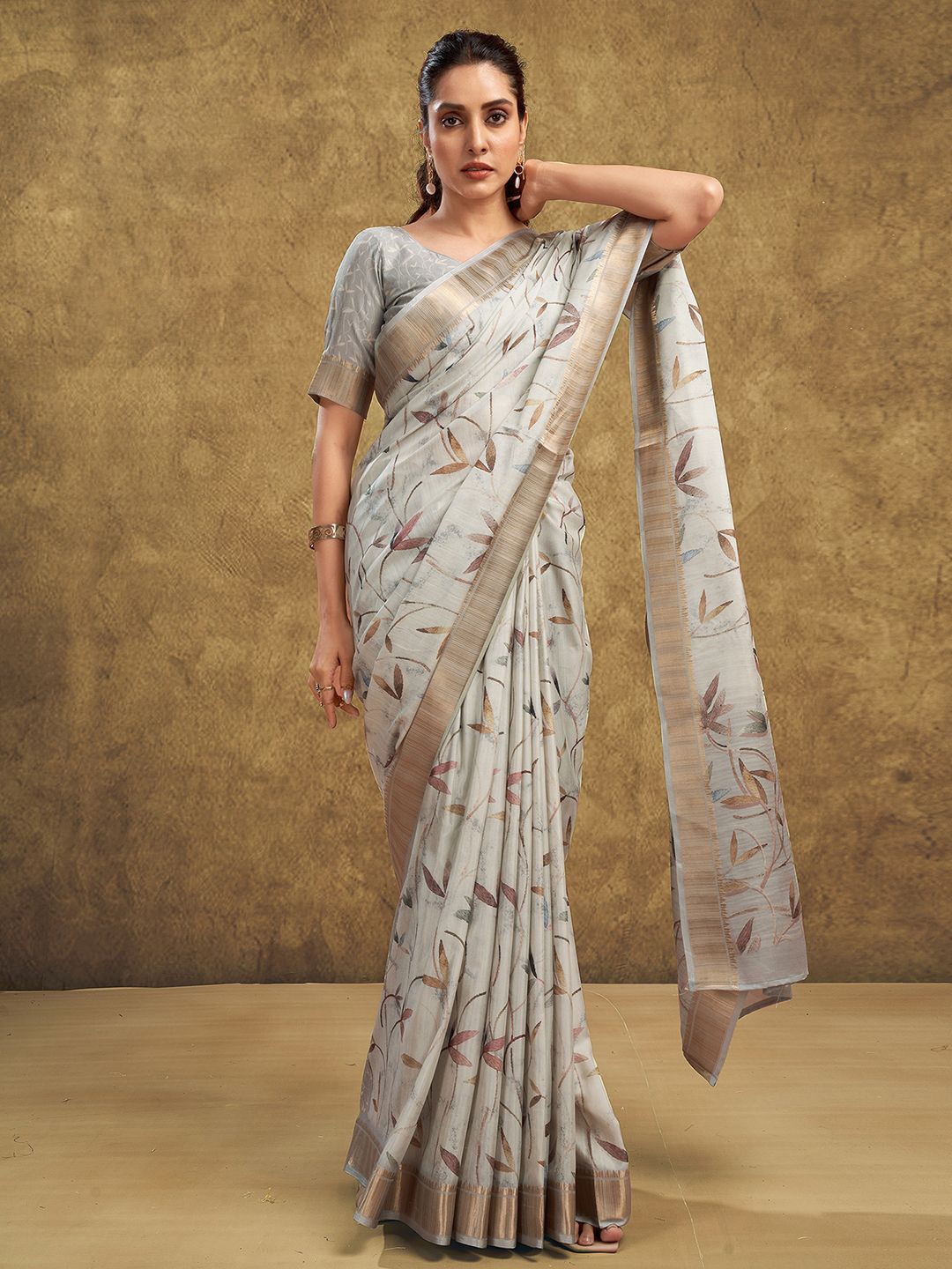 

Mitera Women Floral Printed Zari Detailed Saree, Grey