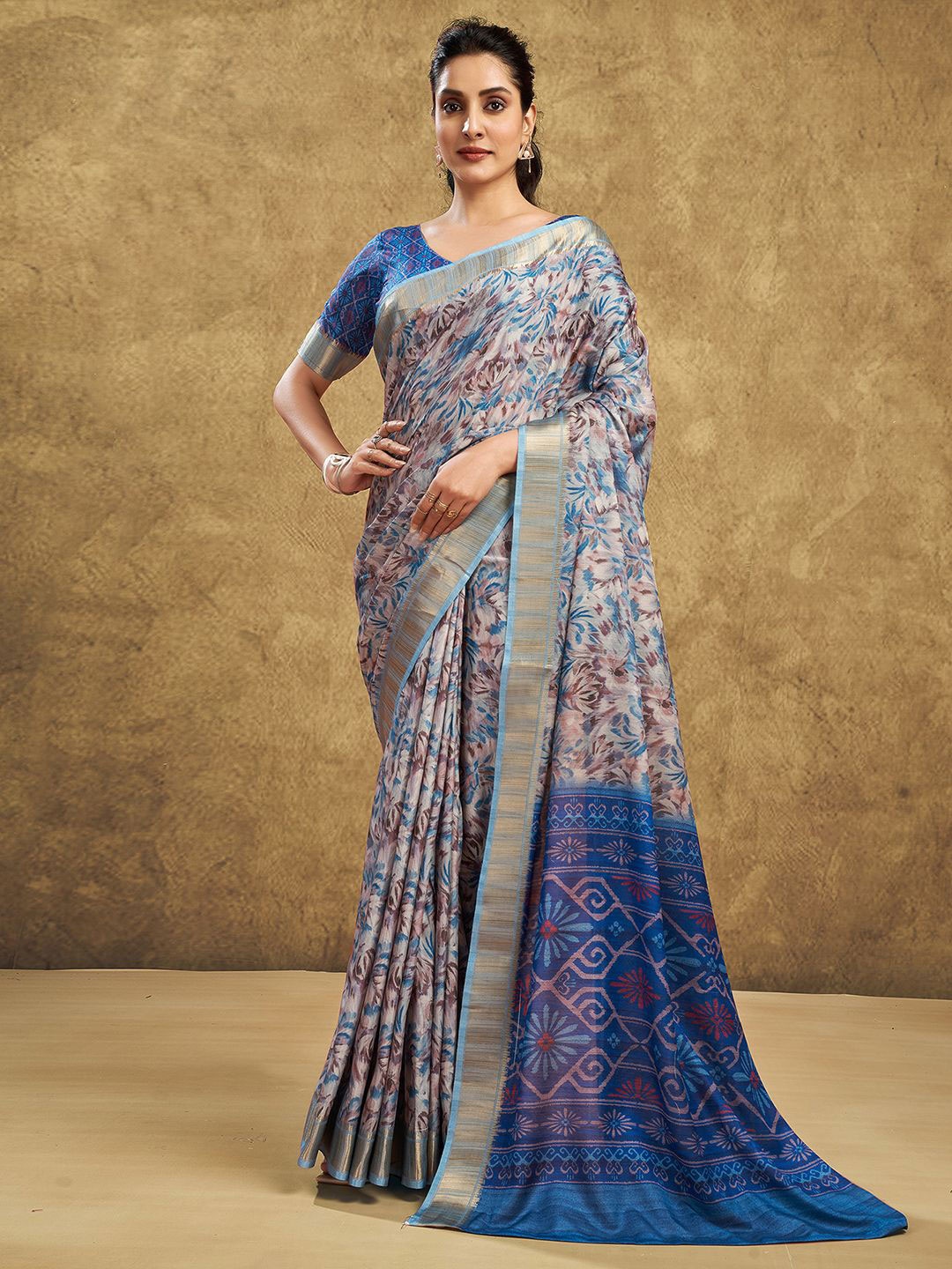 

Mitera Women Silk Cotton Printed Saree, Blue