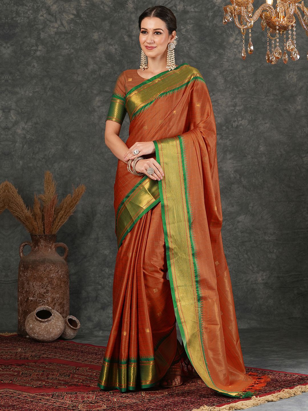 

Mitera Women Woven Design Rust Jacquard Saree