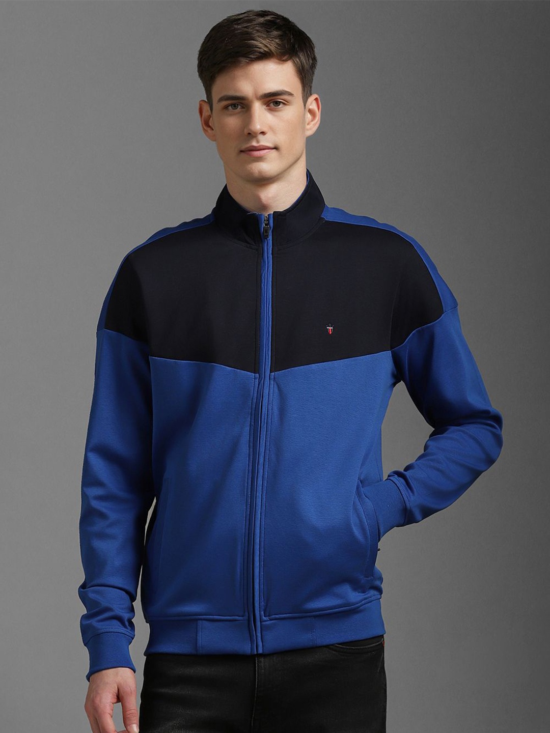 

Louis Philippe Sport Men Colourblocked Front-Open Cotton Sweatshirt, Blue
