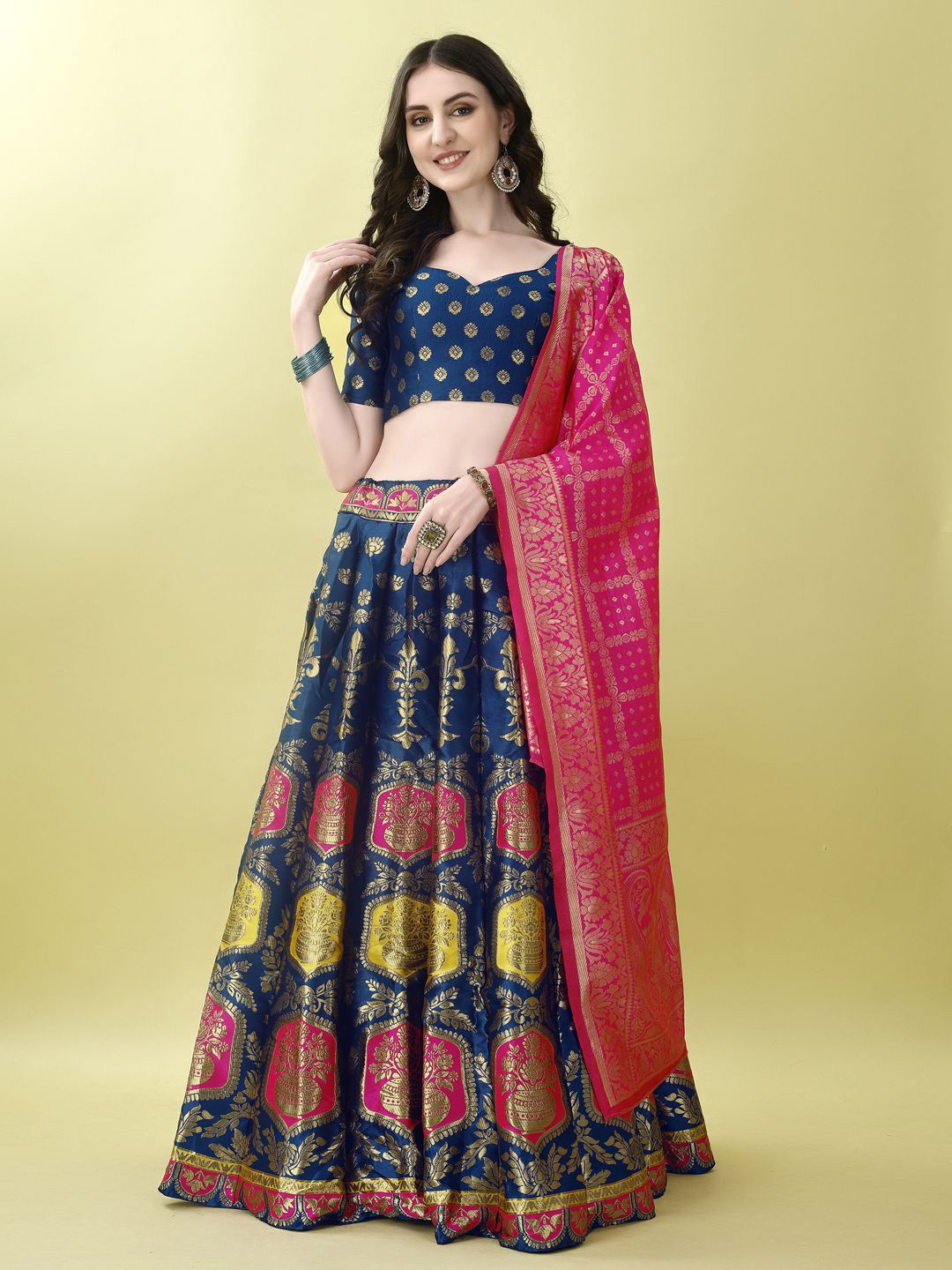 

SWAMI STUDIO Ready to Wear Lehenga & Unstitched Blouse With Dupatta, Navy blue