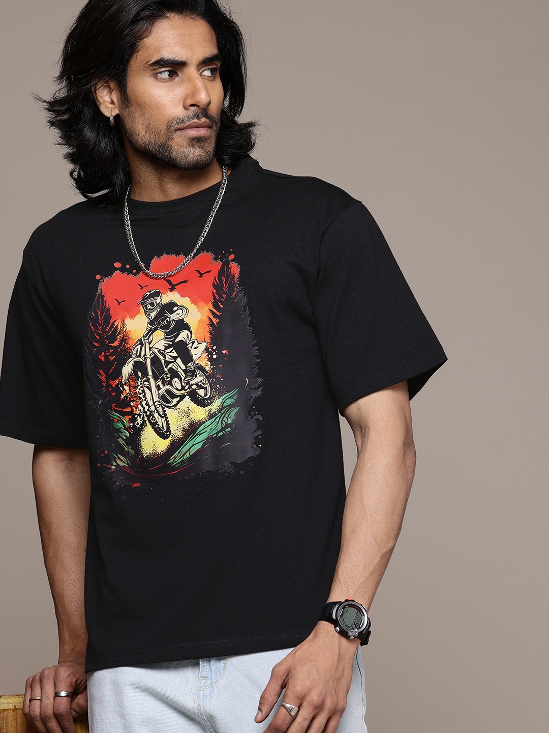 

The Roadster Life Co. Printed Drop-Shoulder Sleeves Relaxed Fit T-shirt, Black