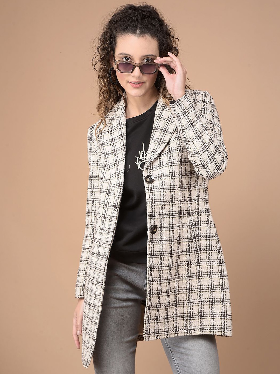 

Crimsoune Club Checked Single Breasted Notched Lapel Overcoat, White