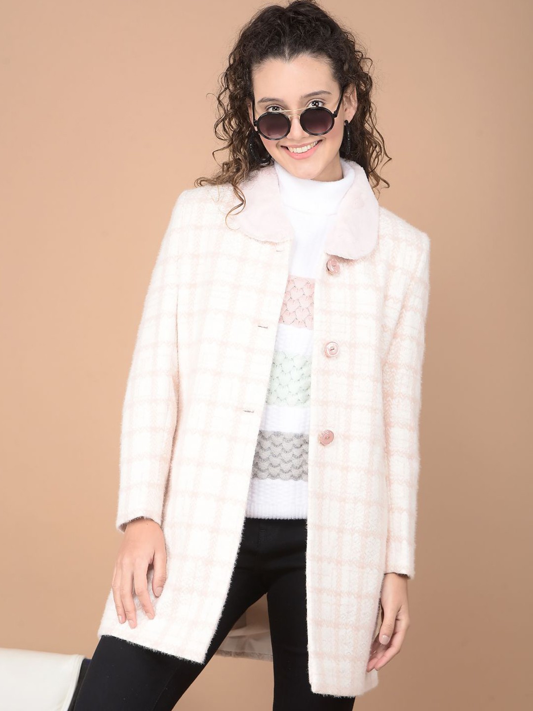 

Crimsoune Club Checked Women Peter Pan Collar Single-Breasted Overcoat, Pink