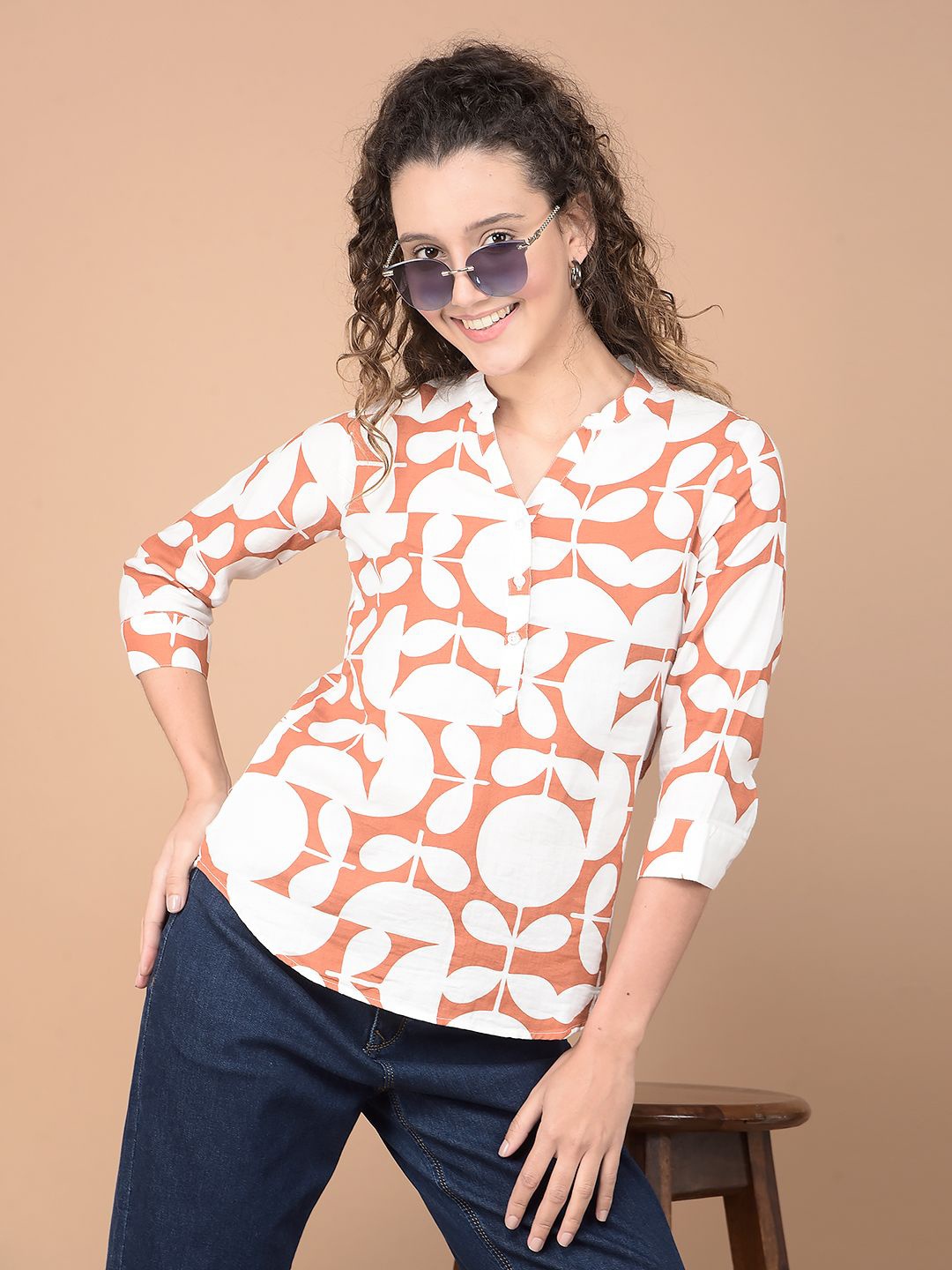 

Crimsoune Club Women Print Mandarin Collar Cotton Top, Orange