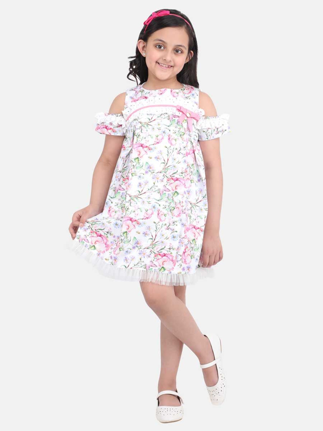 

One Friday Girls Floral Printed A-Line Cotton Dress, White