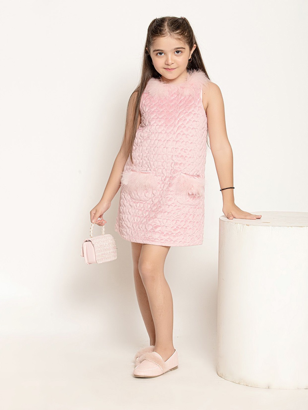 

One Friday Girls Varsity Chic Faux Fur Dream A-Line Dress, Pink