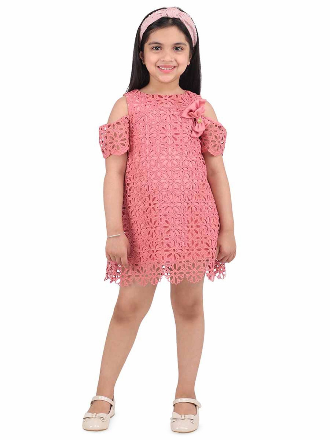

One Friday Girls Cold-Shoulder A-Line Lace Design Dresss, Pink
