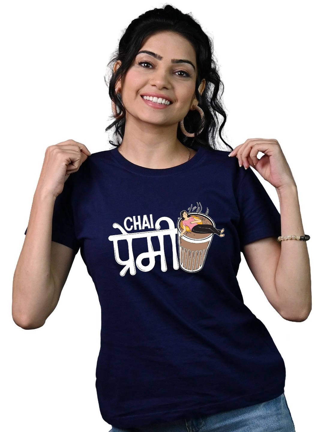 

Tedhi Medhi Family Women Typography Printed Round Neck Cotton T-shirt, Navy blue
