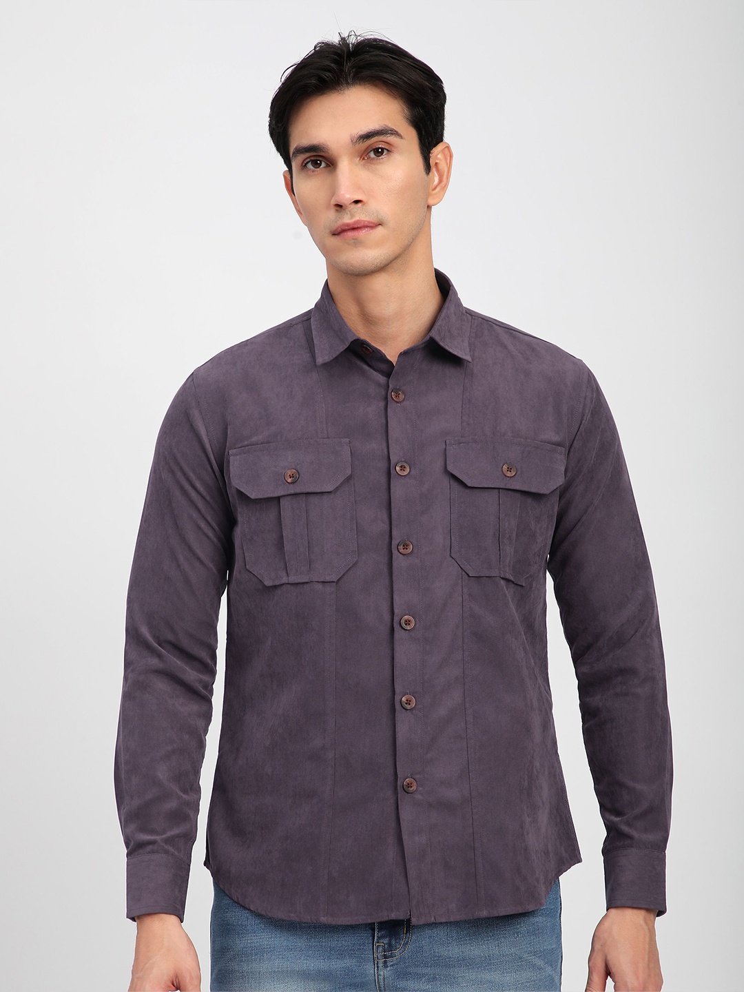 

Beyoung Men Relaxed Fit Spread Collar Solid Cotton Casual Shirt, Violet
