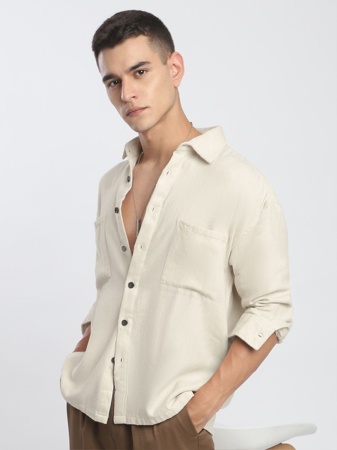 

Beyoung Men Relaxed Fit Spread Collar Textured Cotton Casual Shirt, Beige