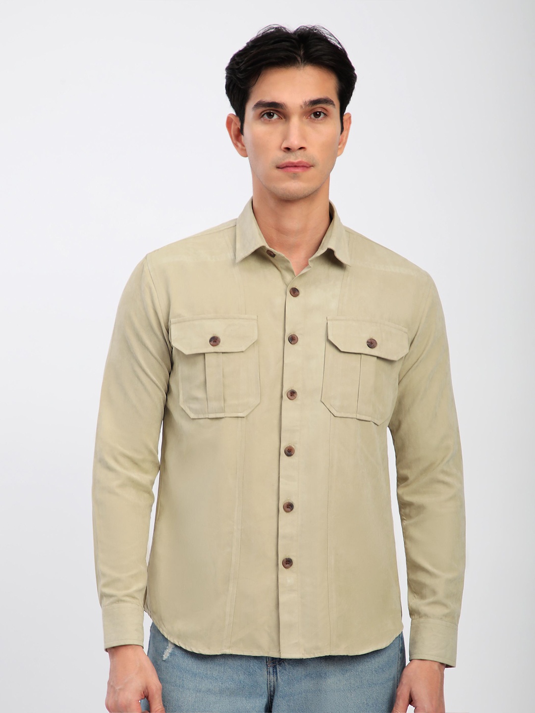 

Beyoung Men Relaxed Fit Spread Collar Solid Cotton Casual Shirt, Beige