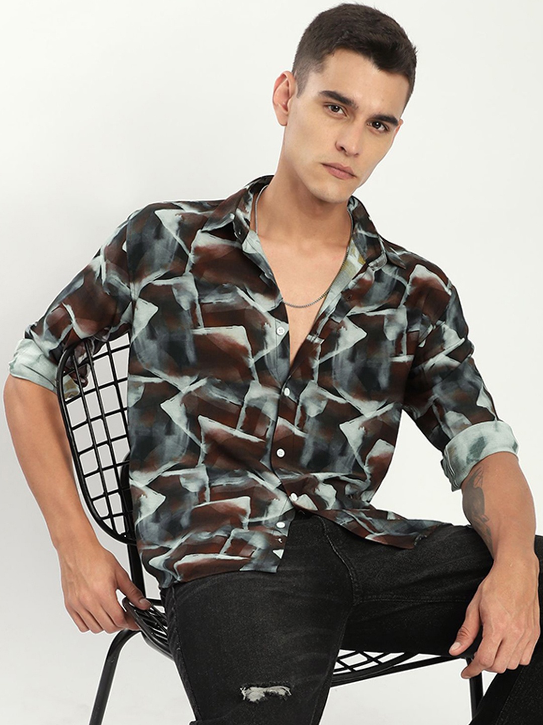

Beyoung Men Spread Collar Abstract Printed Cotton Casual Shirt, Brown
