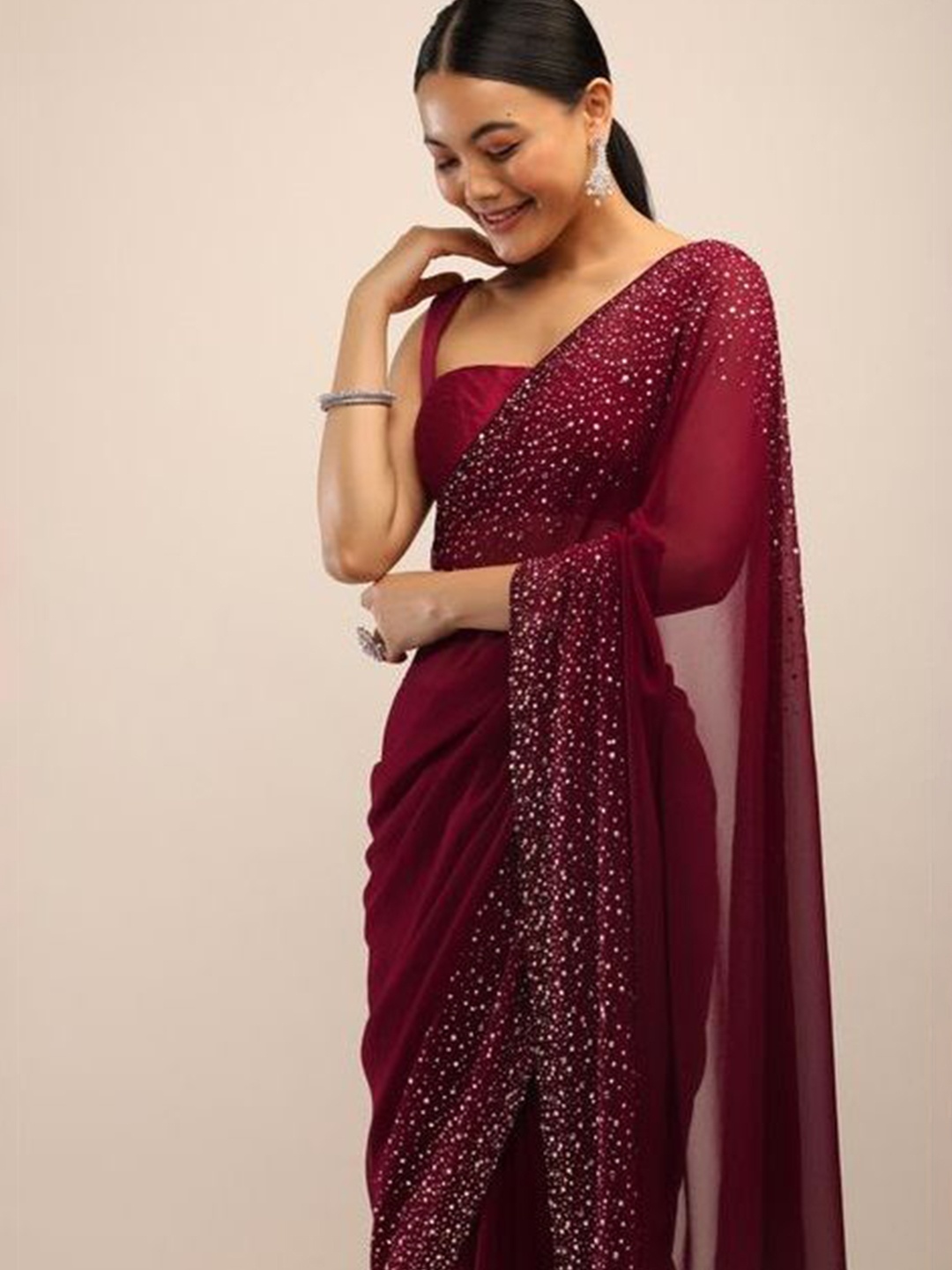 

SWADESI STUFF Beads and Stones Embellished Pure Georgette Saree, Maroon