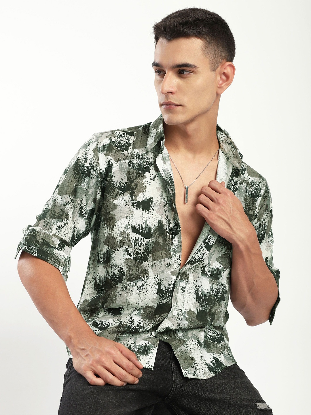 

Beyoung Men Spread Collar Abstract Printed Cotton Casual Shirt, Olive