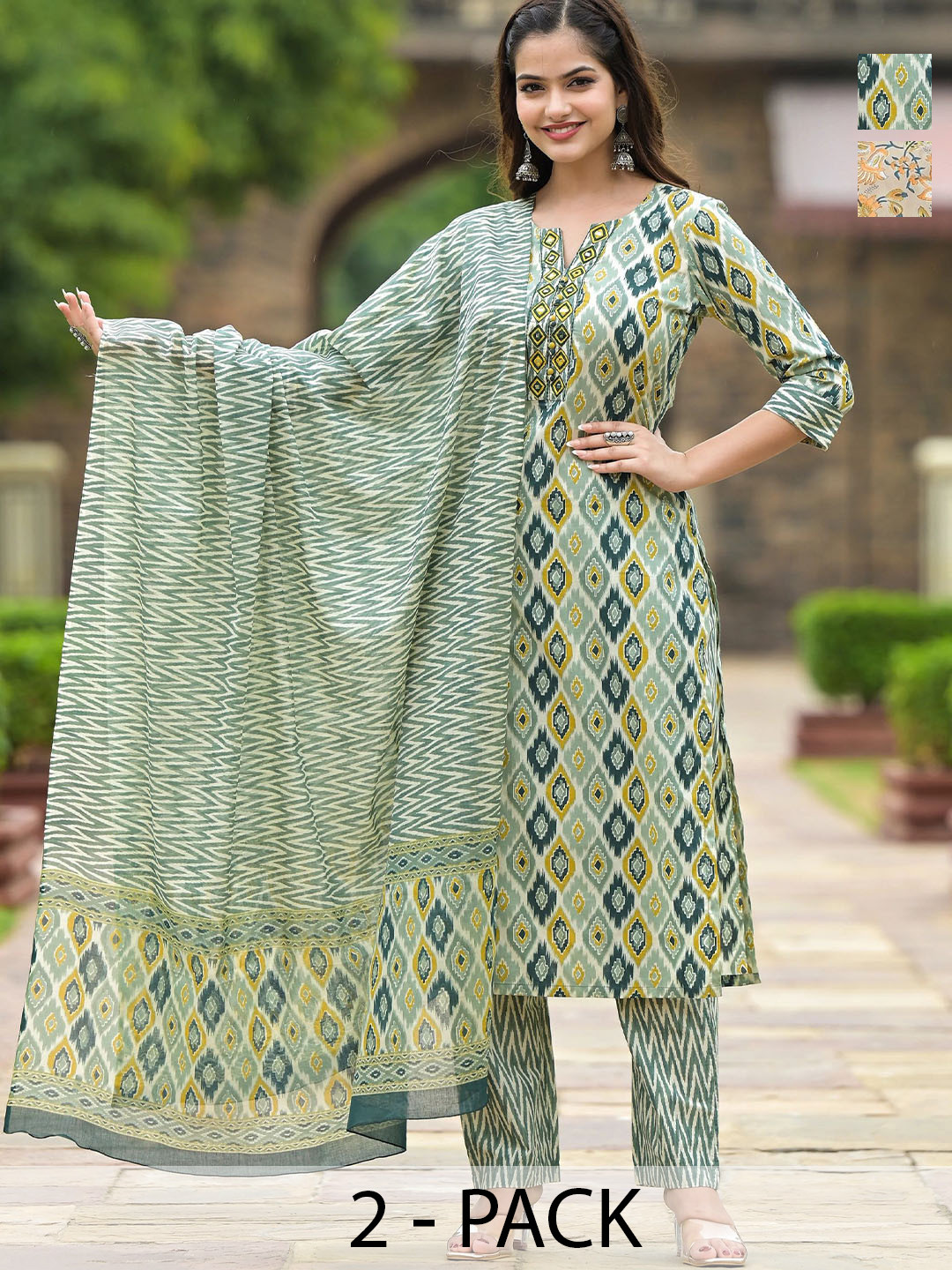 

KALINI Women Ethnic Motifs Printed Regular Kurta with Trousers & With Dupatta, Green