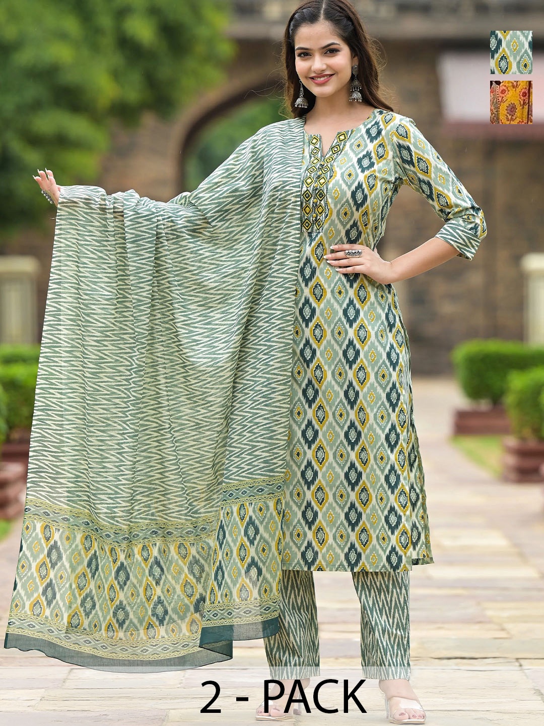 

KALINI Women Ethnic Motifs Printed Regular Kurta with Trousers & With Dupatta, Green