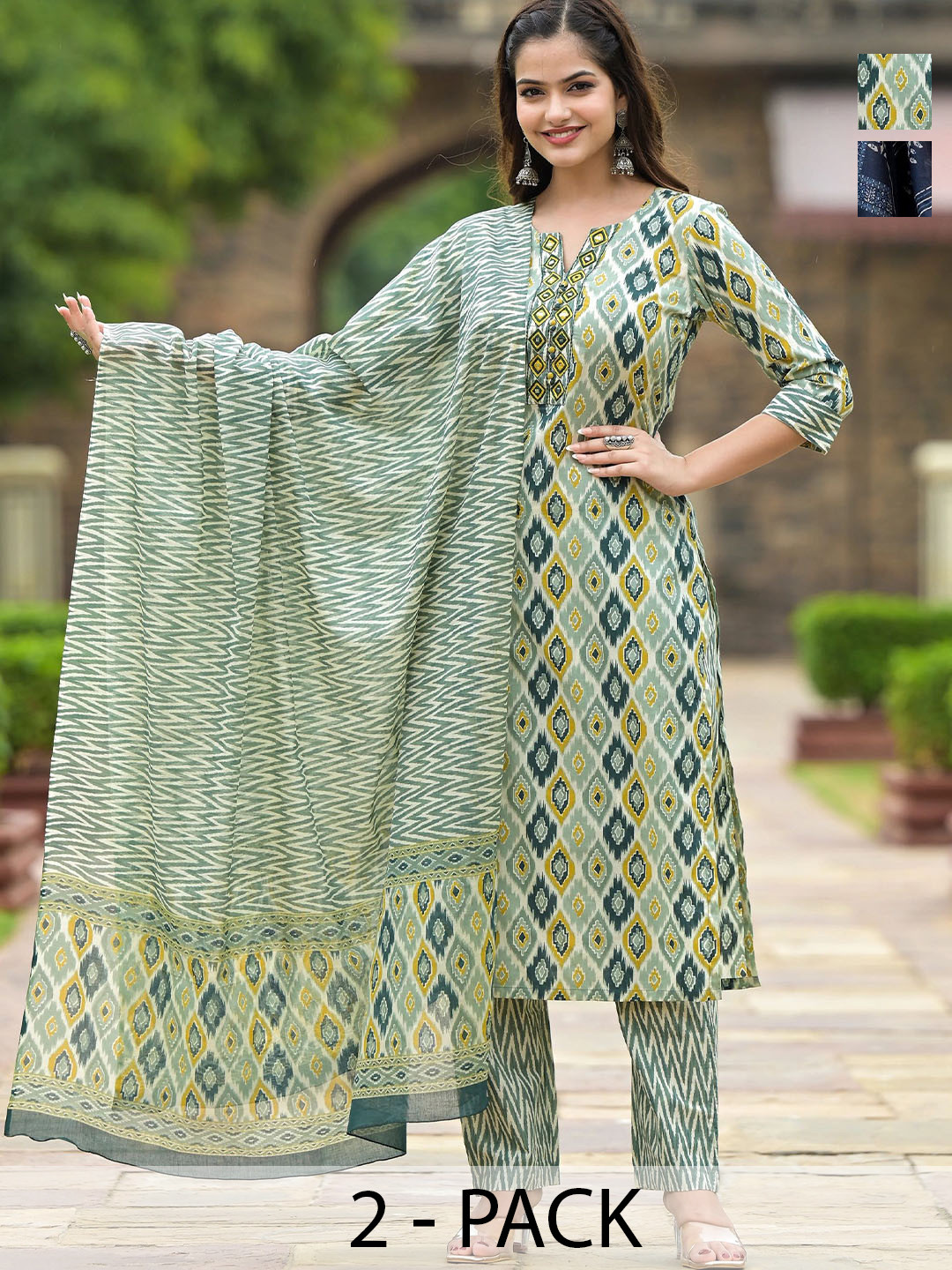 

KALINI Women Ethnic Motifs Printed Regular Kurta with Trousers & With Dupatta, Green