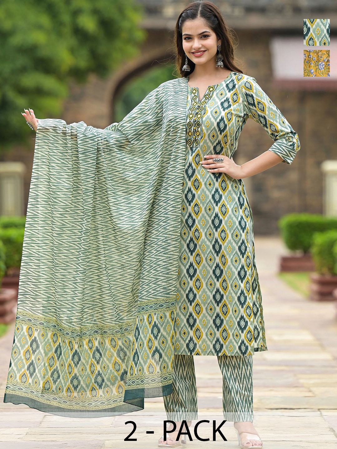 

KALINI Women Ethnic Motifs Printed Regular Kurta with Trousers & With Dupatta, Yellow