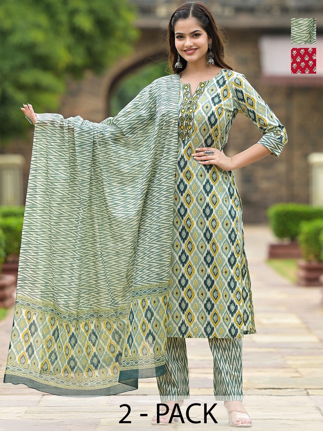 

KALINI Women Ethnic Motifs Printed Regular Kurta with Trousers & With Dupatta, Green